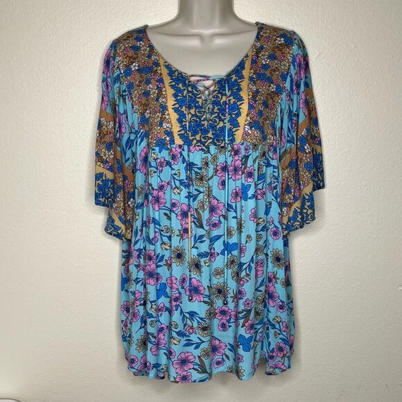 GiGiO Plus Boho Floral Lace Front Tie Flutter Sleeve Top Women 2XL Flowy Rayon - Picture 12 of 12